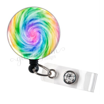 Colorful Retractable Badge Reel, Tie Dye Badge Holder, Retractable ID Badge Reel, Rainbow Badge Clip, Rainbow Lanyard - GG6059A - image1